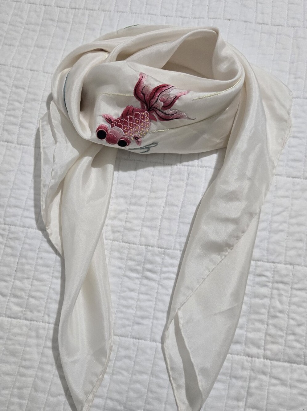 Ivory Silk Scarf with Embroidered Koi Accents - Picture 5 of 7